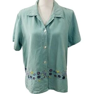 Amy K Su Lightweight Floral Embroidered Blue Linen Button Up Shirt